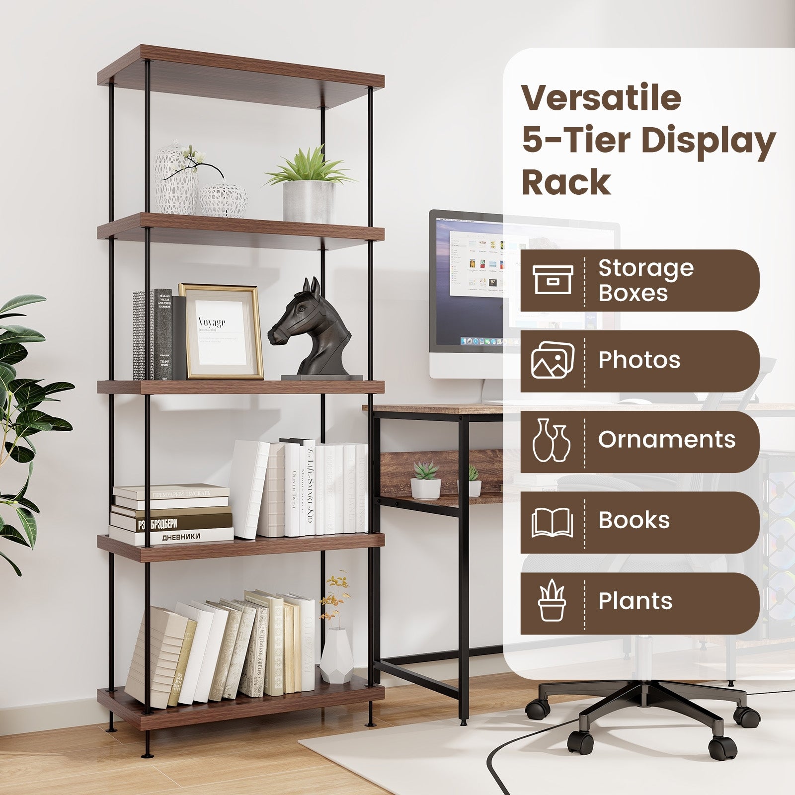 2/3/4/5-Tier Multipurpose Display Rack with Metal Frame-5-Tier, Walnut Bookcases at Gallery Canada
