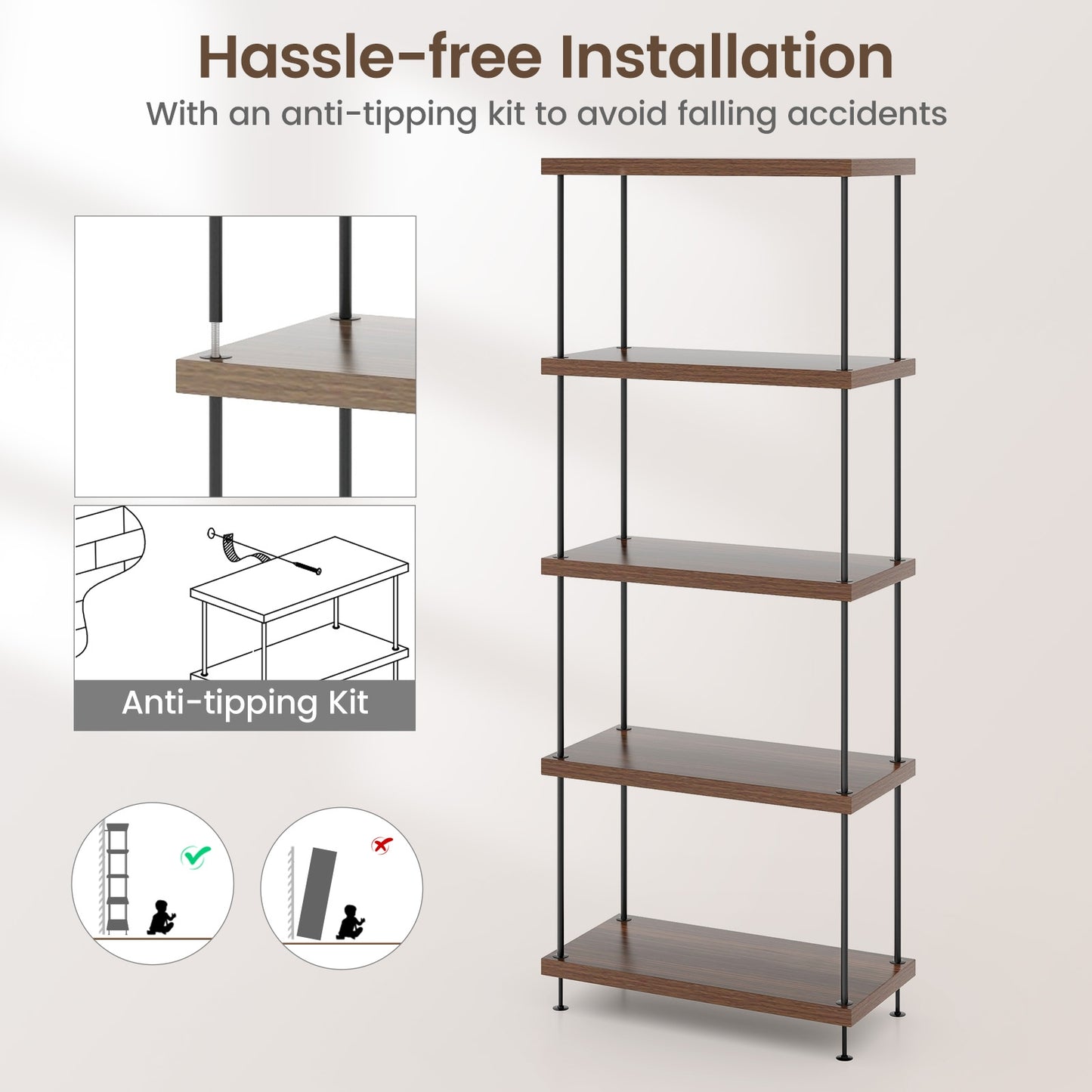 2/3/4/5-Tier Multipurpose Display Rack with Metal Frame-5-Tier, Walnut Bookcases at Gallery Canada