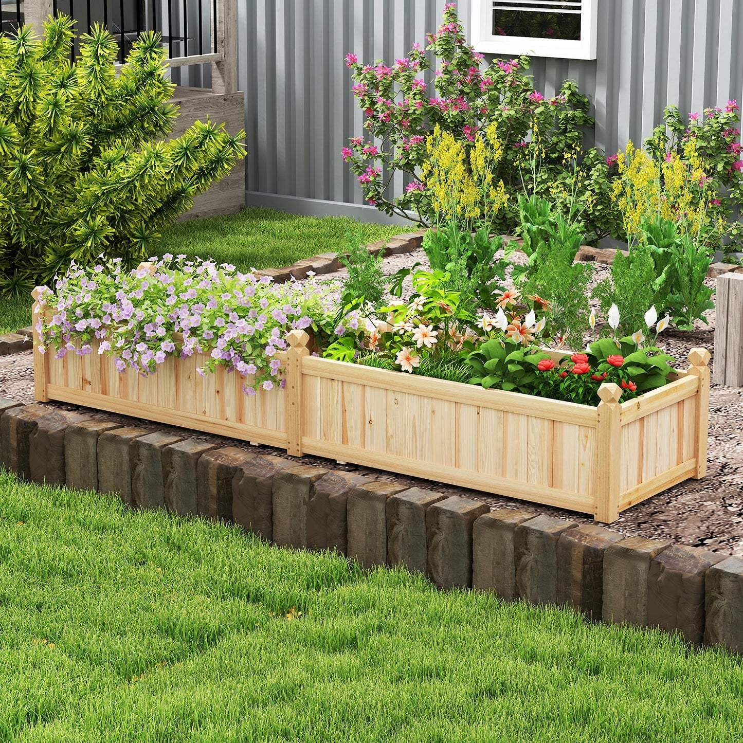91 x 24 x 16 Inch Divisible Planter Box with Corner Drainage and Non-woven Liner for Growing Vegetables, Natural Raised Garden Beds at Gallery Canada