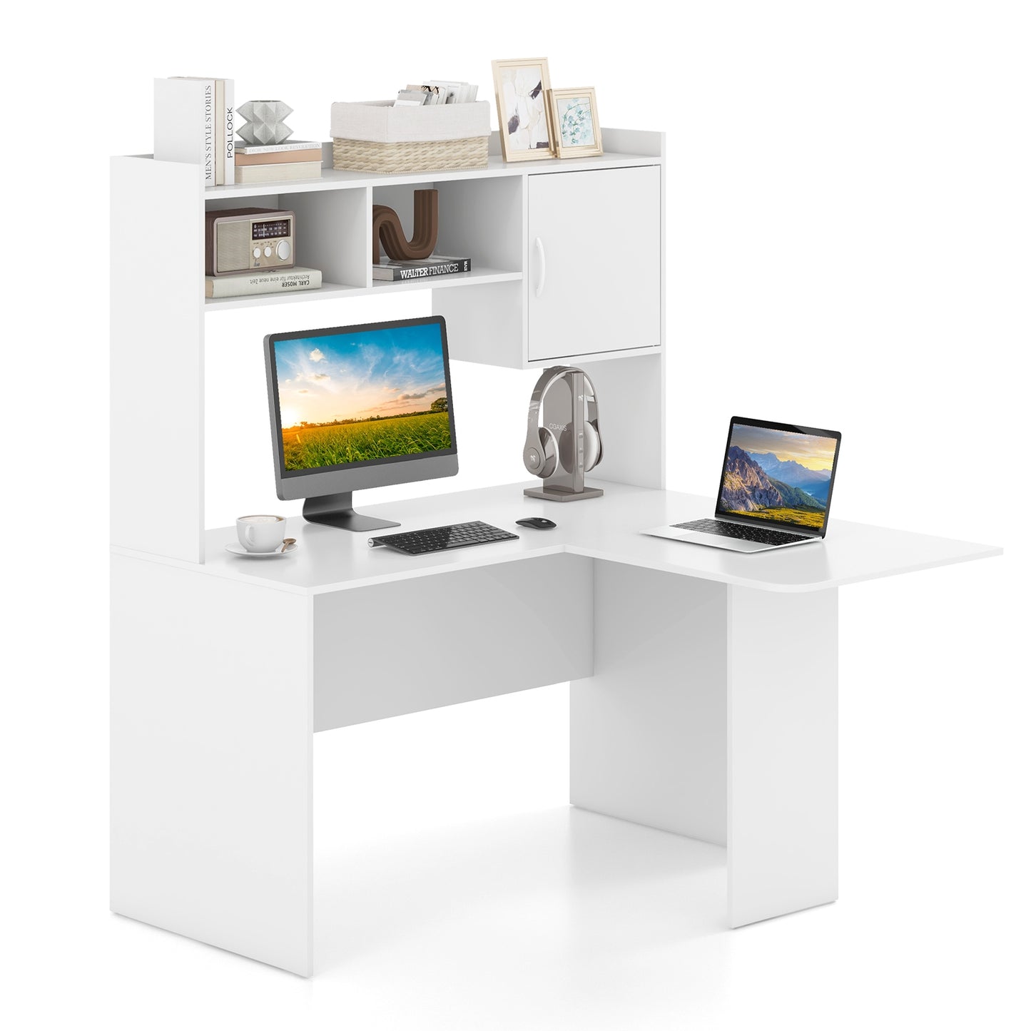 L-Shaped Desk Corner Computer Desk with Open Storage Hutch and Cabinet, White