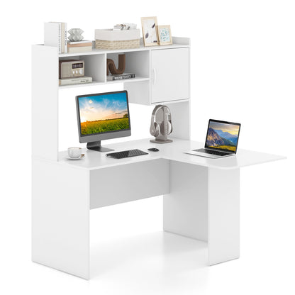 L-Shaped Desk Corner Computer Desk with Open Storage Hutch and Cabinet, White