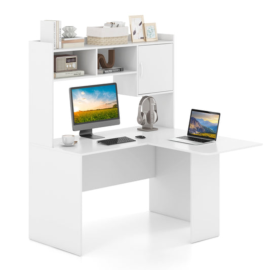 L-Shaped Desk Corner Computer Desk with Open Storage Hutch and Cabinet, White Computer Desks White at Gallery Canada