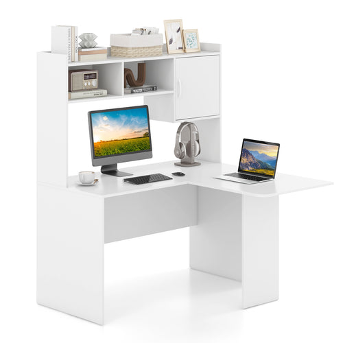 L-Shaped Desk Corner Computer Desk with Open Storage Hutch and Cabinet, White