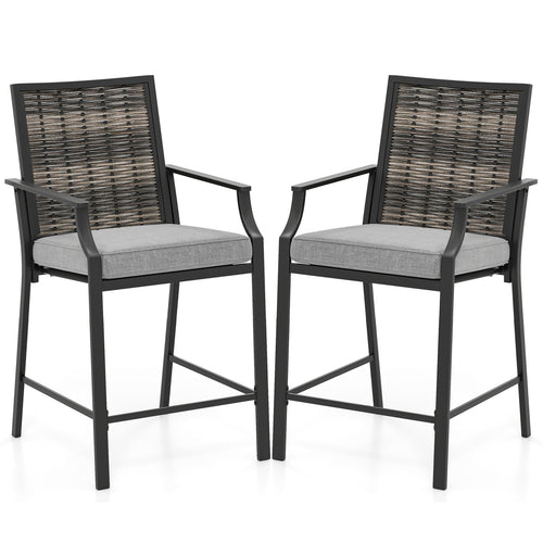 Patio Bar Stools Set of 2 Counter Height Rattan Bar Chairs with Armrest-Grey, Gray