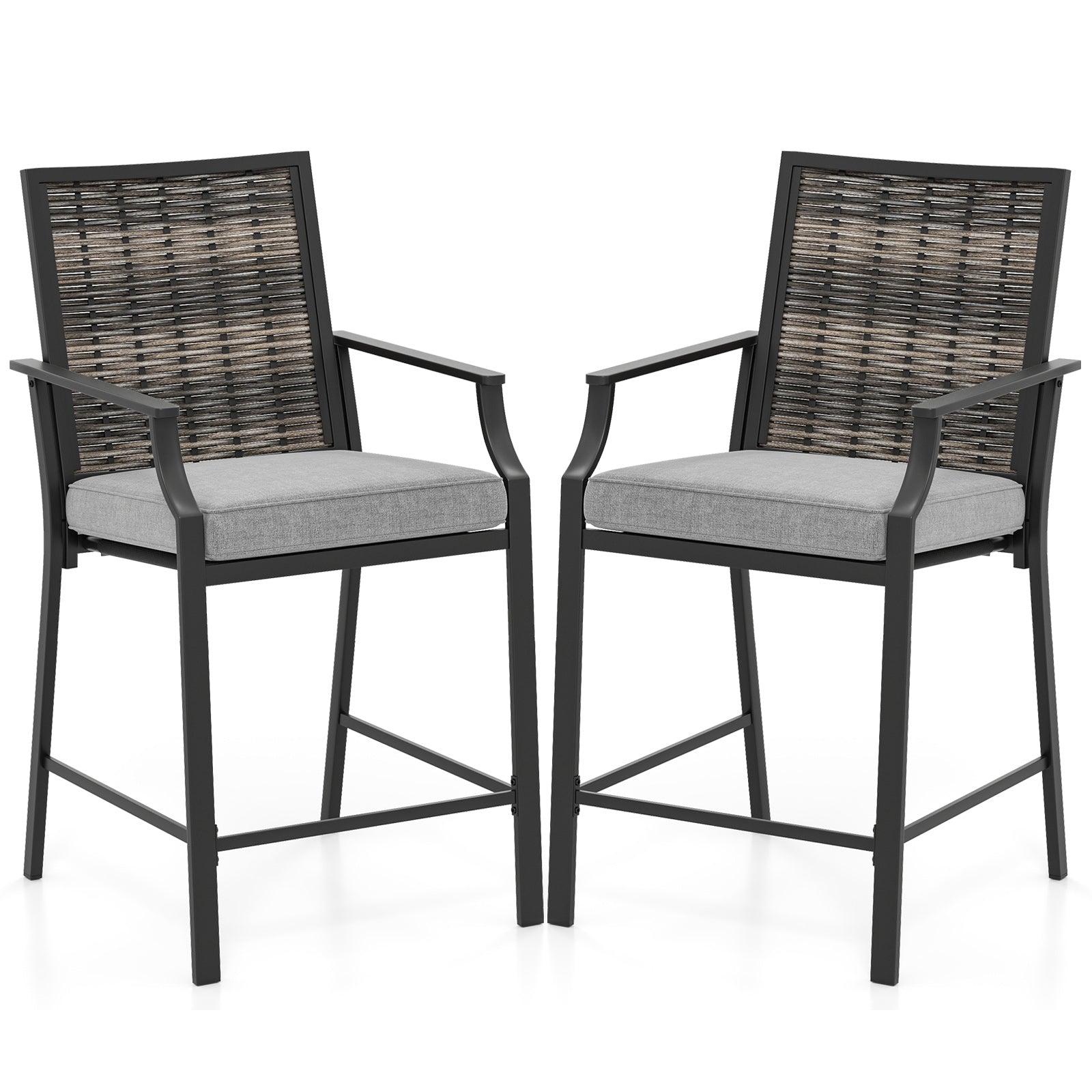 Patio Bar Stools Set of 2 Counter Height Rattan Bar Chairs with Armrest-Grey, Gray Patio Bar Furniture at Gallery Canada