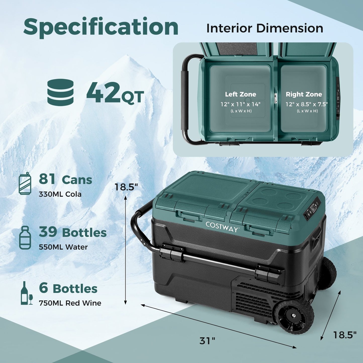 Dual Zone 12V  42QT Car Refrigerator for Vehicles Camping Travel Truck RV Boat Outdoor and Home Use, Green