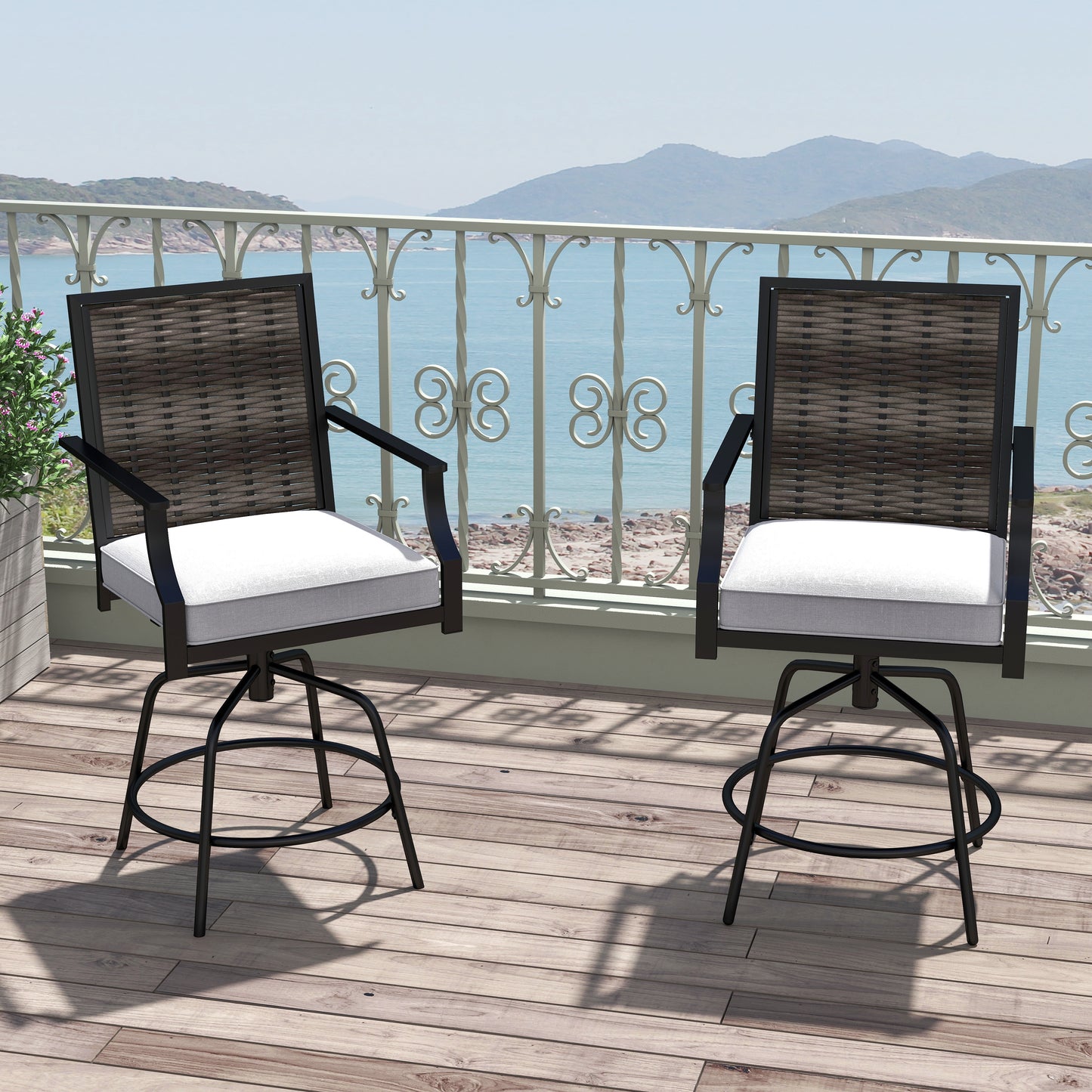 Outdoor PE Wicker Swivel Bar Stools Set of 2 Counter Height Patio Chairs with Back-Grey, Gray Patio Bar Furniture at Gallery Canada