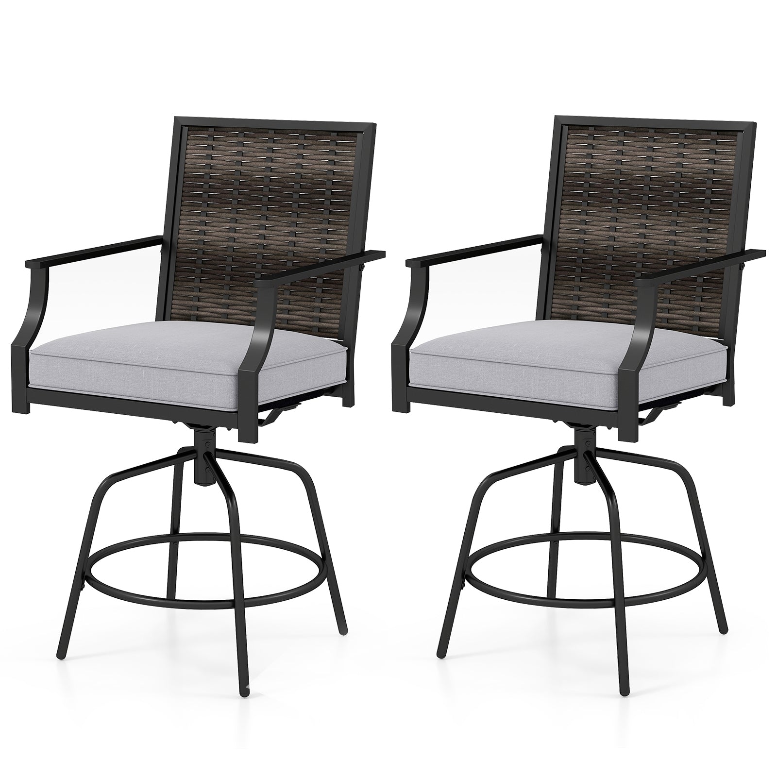 Outdoor PE Wicker Swivel Bar Stools Set of 2 Counter Height Patio Chairs with Back-Grey, Gray Patio Bar Furniture Gray at Gallery Canada