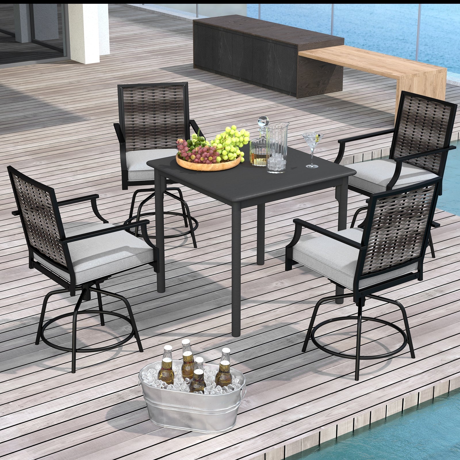 Outdoor PE Wicker Swivel Bar Stools Set of 2 Counter Height Patio Chairs with Back-Grey, Gray Patio Bar Furniture at Gallery Canada