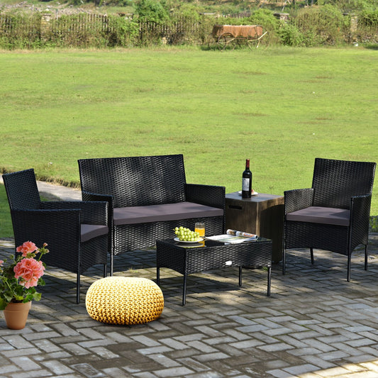 4 Pieces Patio Rattan Cushioned Sofa Set with Tempered Glass Coffee Table, Gray - Gallery Canada
