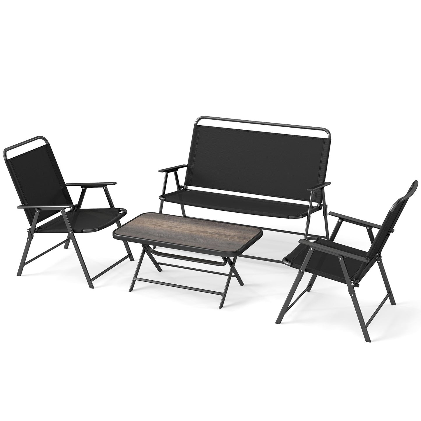 4 Pieces Patio Folding Furniture Set with SPC Coffee Table and Patio Chairs, Black Patio Conversation Sets Black at Gallery Canada