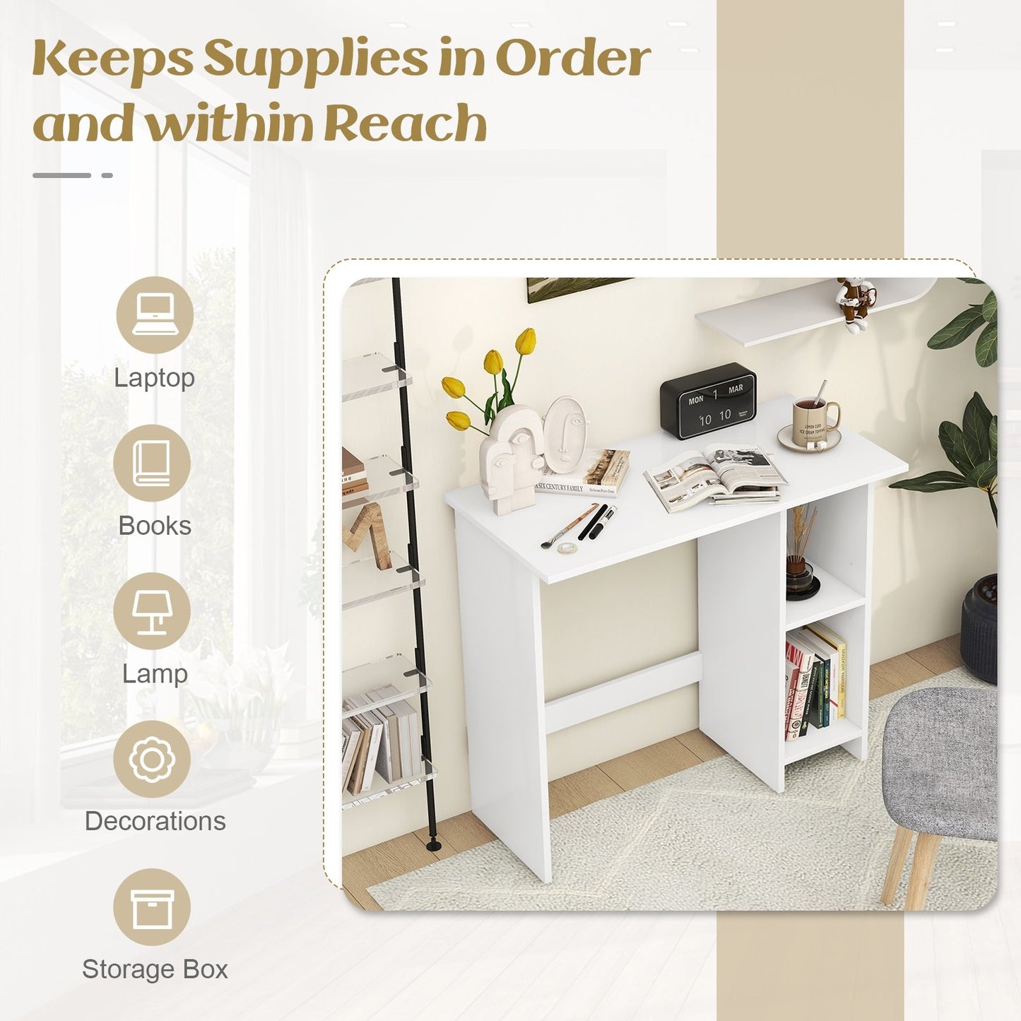 Small Computer Desk with Storage and Adjustable Shelf, White