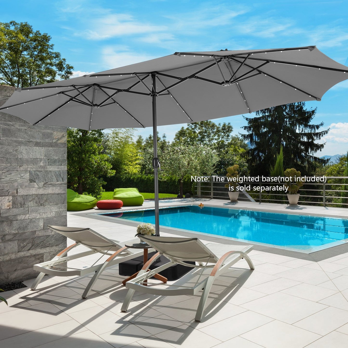 15 Feet Twin Patio Umbrella with 48 Solar LED Lights, Gray Outdoor Umbrellas at Gallery Canada