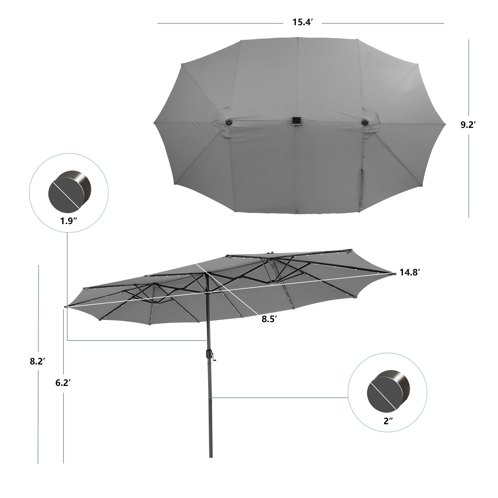 15 Feet Twin Patio Umbrella with 48 Solar LED Lights, Gray Outdoor Umbrellas at Gallery Canada