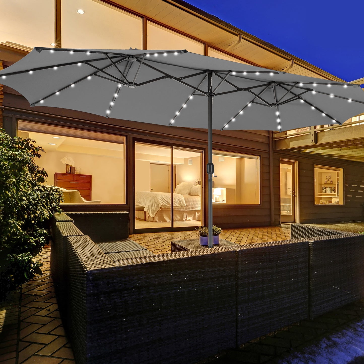 15 Feet Twin Patio Umbrella with 48 Solar LED Lights, Gray Outdoor Umbrellas at Gallery Canada