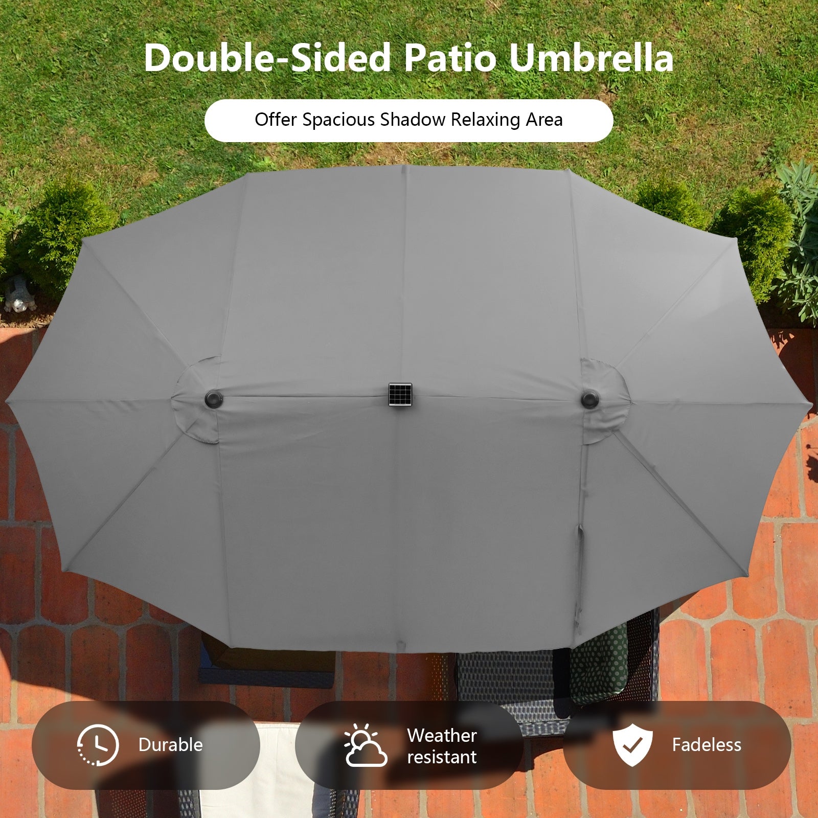 15 Feet Twin Patio Umbrella with 48 Solar LED Lights, Gray Outdoor Umbrellas at Gallery Canada