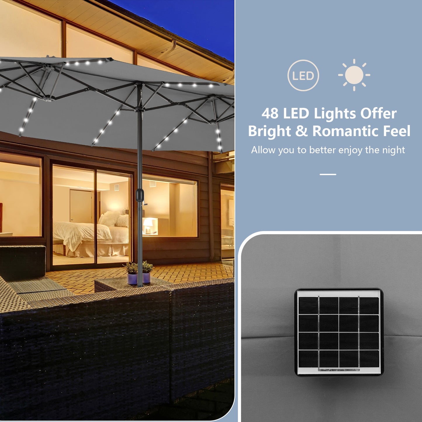 15 Feet Twin Patio Umbrella with 48 Solar LED Lights, Gray Outdoor Umbrellas at Gallery Canada