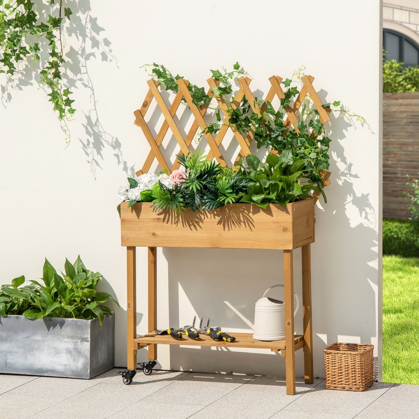 Wooden Raised Garden Bed Mobile Elevated Planter Box with Trellis, Natural