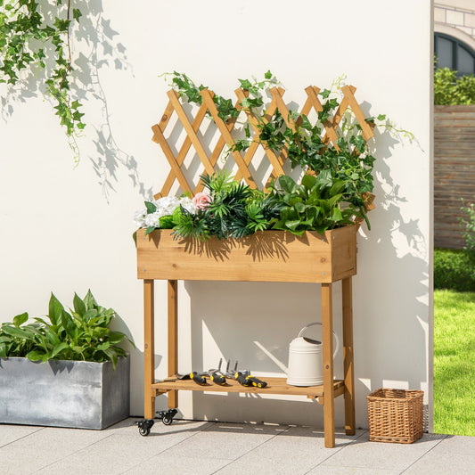 Wooden Raised Garden Bed Mobile Elevated Planter Box with Trellis, Natural - Gallery Canada