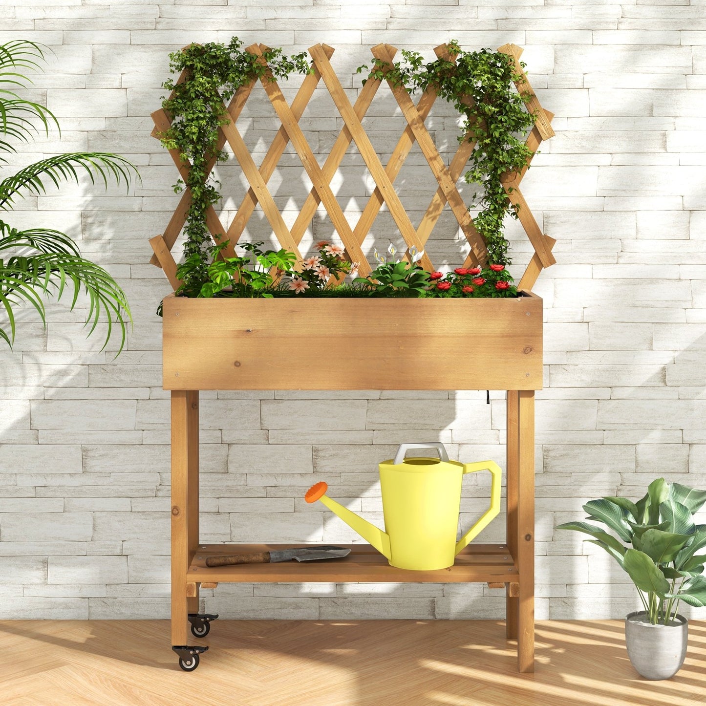Wooden Raised Garden Bed Mobile Elevated Planter Box with Trellis, Natural