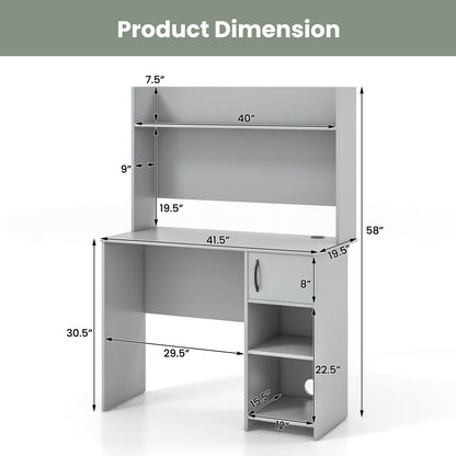 Home Office Desk with Raised Display Shelf and 2 Open Shelves, Gray