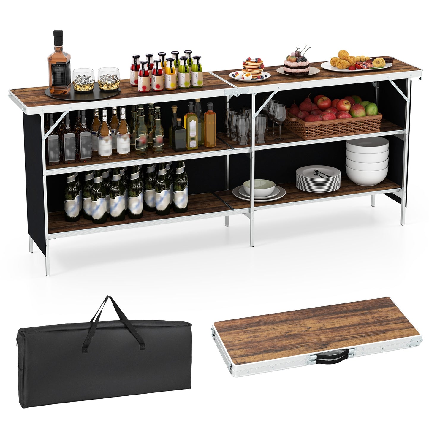 Aluminum Portable Picnic Table, 2-Tier Shelves, Spacious Tabletop