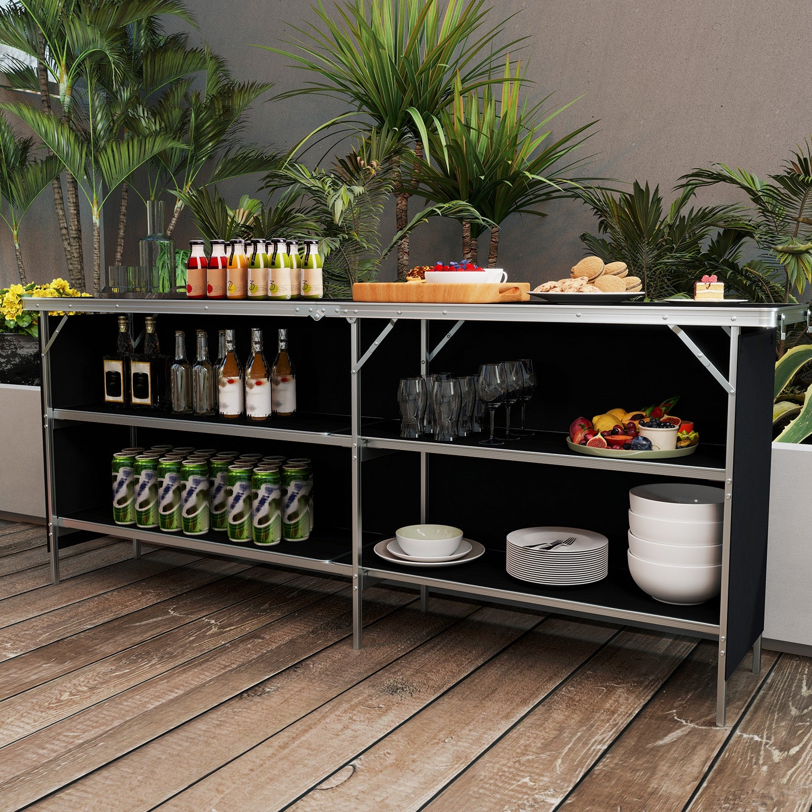 Aluminum Portable Picnic Table with 2-Tier Open Shelves and Spacious Tabletop, Black Camping Furniture at Gallery Canada