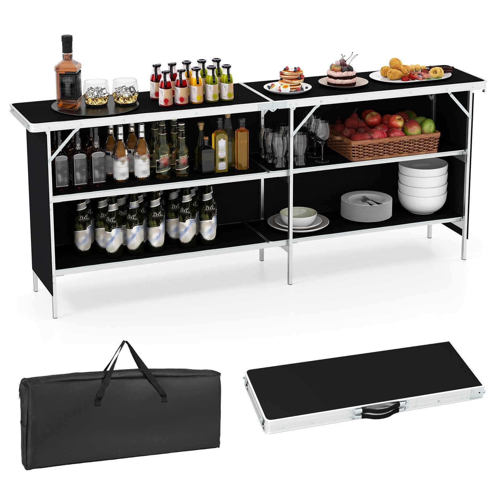 Aluminum Portable Picnic Table with 2-Tier Open Shelves and Spacious Tabletop, Black Camping Furniture at Gallery Canada