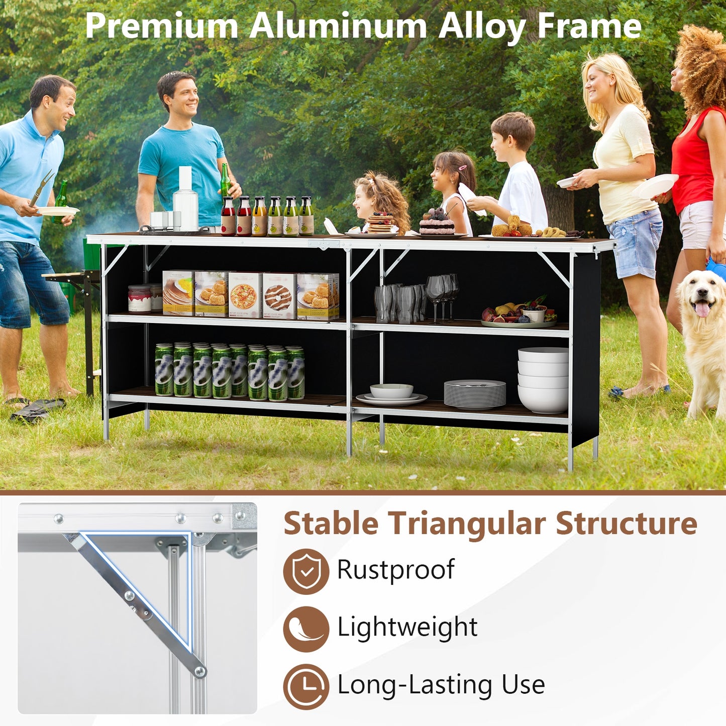 Aluminum Portable Picnic Table, 2-Tier Shelves, Spacious Tabletop Camping Furniture at Gallery Canada