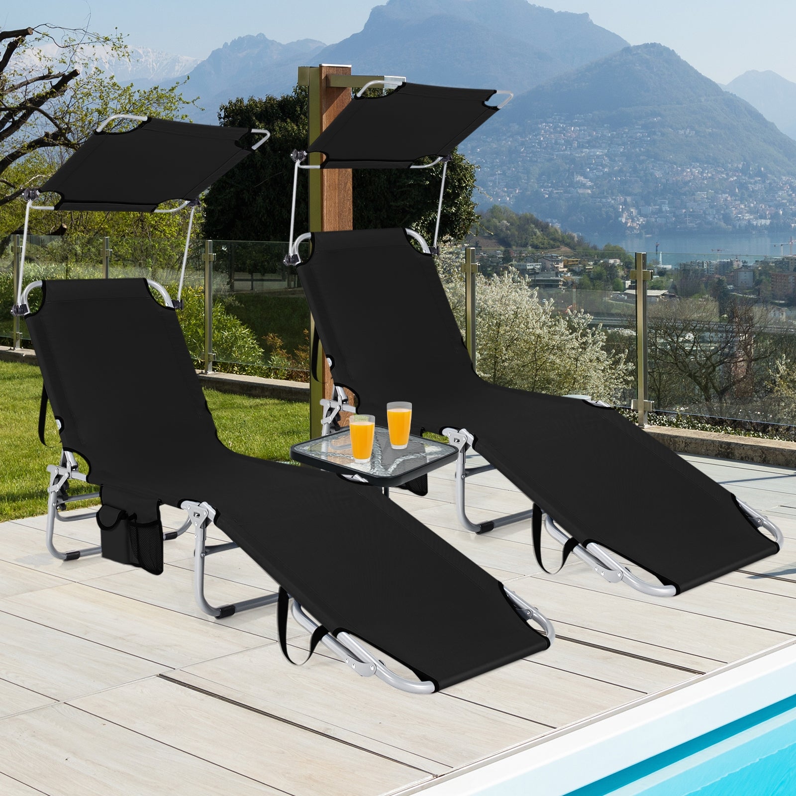 Set of 2 Portable Reclining Chair with 5 Adjustable Positions, Black Outdoor Chaise Lounges at Gallery Canada
