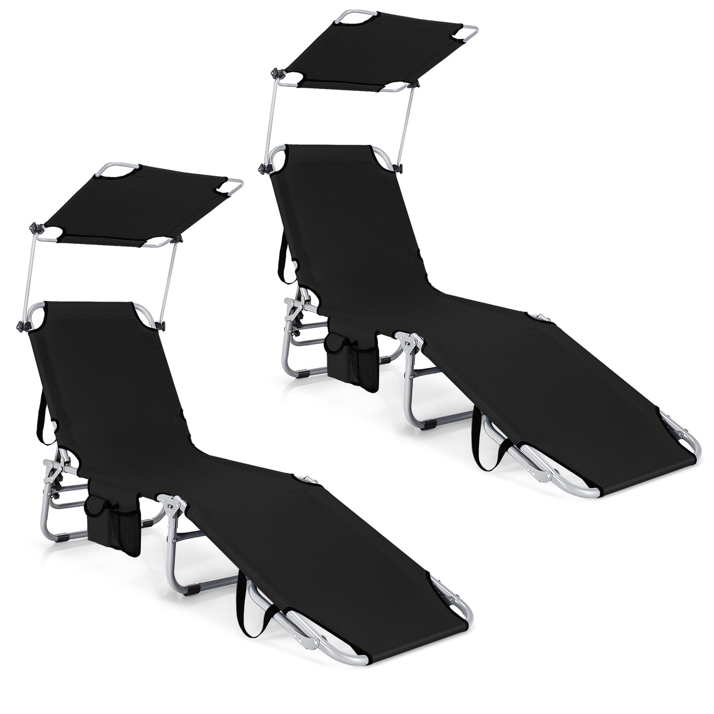 Set of 2 Portable Reclining Chair with 5 Adjustable Positions, Black Outdoor Chaise Lounges Black at Gallery Canada