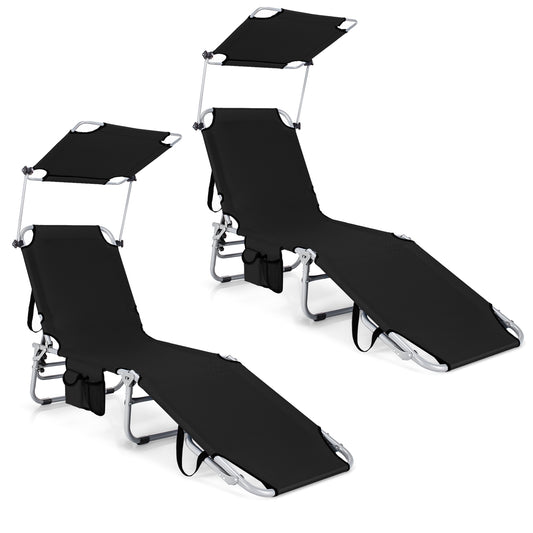 Set of 2 Portable Reclining Chair with 5 Adjustable Positions, Black Outdoor Chaise Lounges Black at Gallery Canada