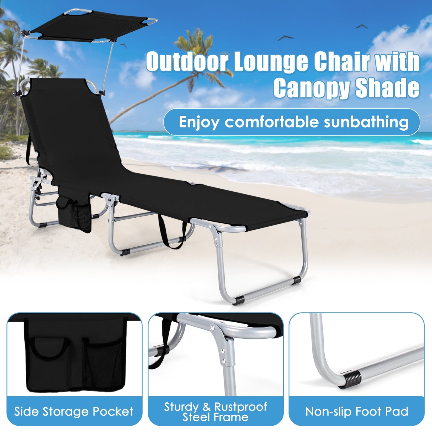 Set of 2 Portable Reclining Chair with 5 Adjustable Positions, Black Outdoor Chaise Lounges at Gallery Canada