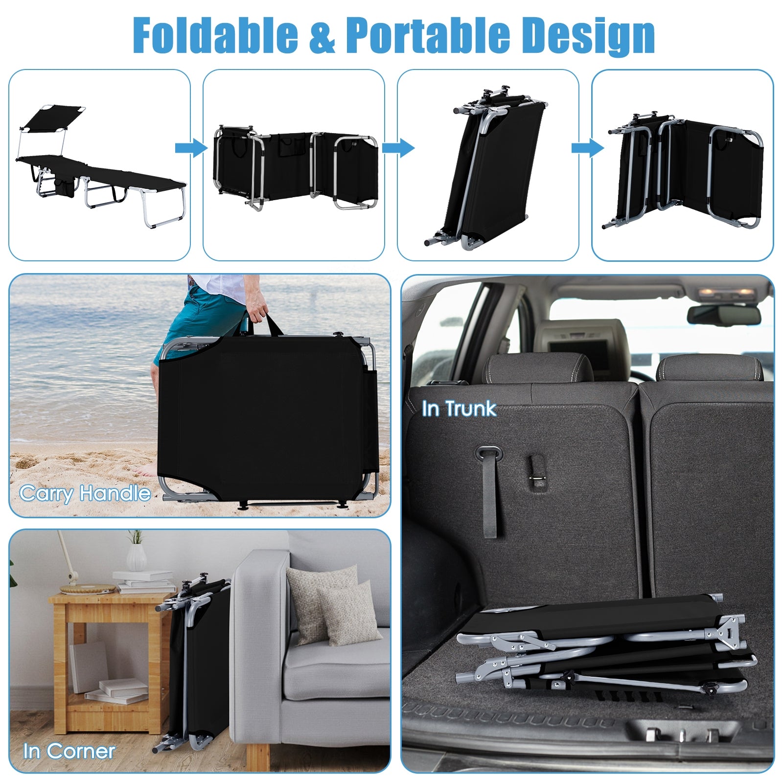 Set of 2 Portable Reclining Chair with 5 Adjustable Positions, Black Outdoor Chaise Lounges at Gallery Canada