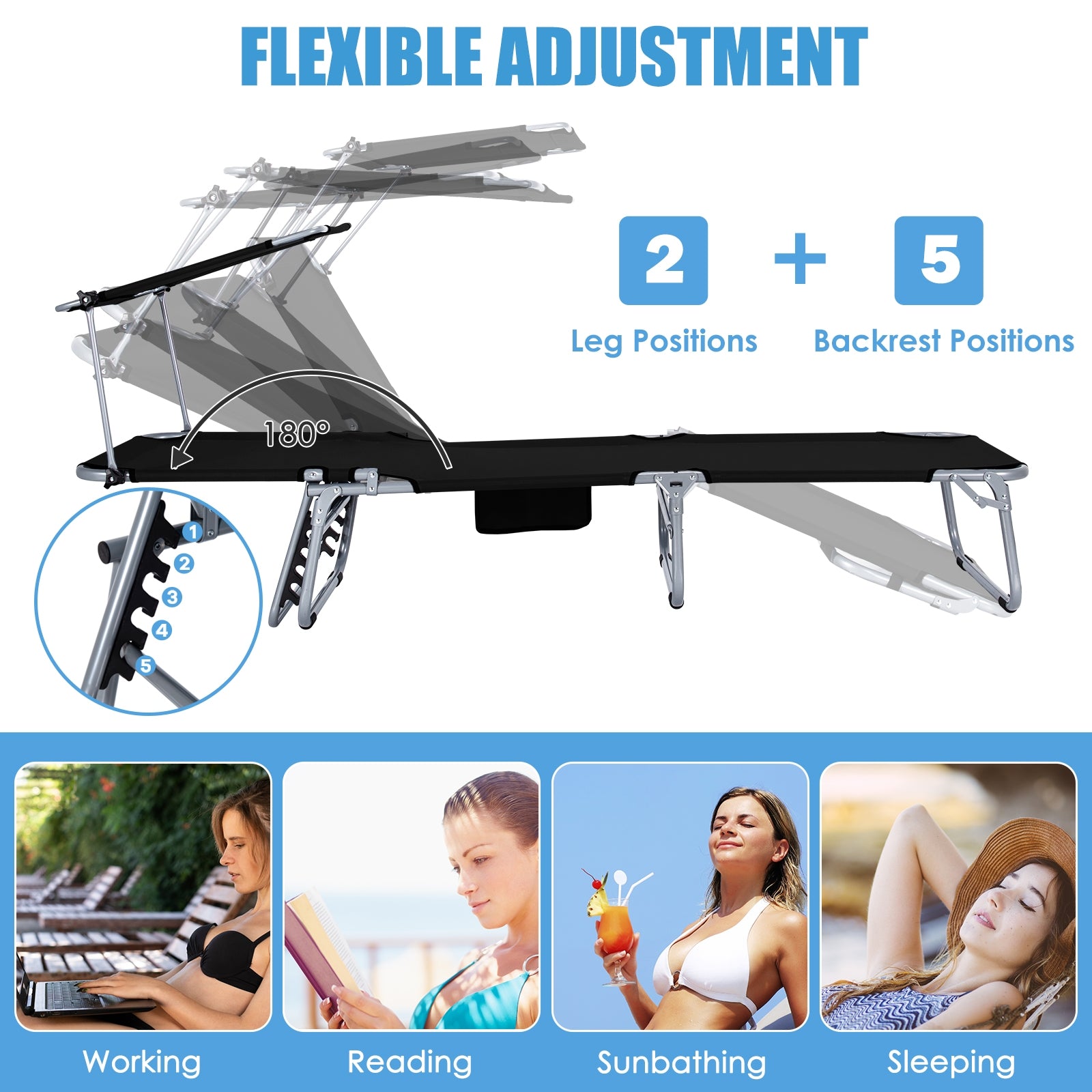 Set of 2 Portable Reclining Chair with 5 Adjustable Positions, Black Outdoor Chaise Lounges at Gallery Canada