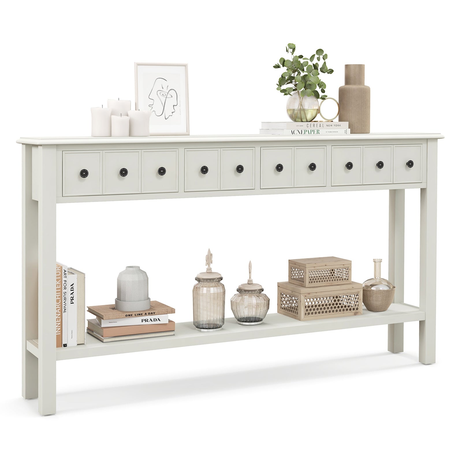 60 Inch Long Sofa Table with 4 Drawers and Open Shelf for Living Room, Cream White Console Tables at Gallery Canada