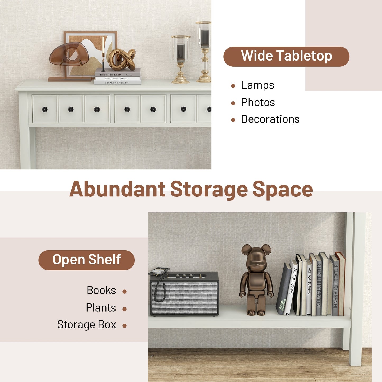 60 Inch Long Sofa Table with 4 Drawers and Open Shelf for Living Room, Cream White Console Tables at Gallery Canada