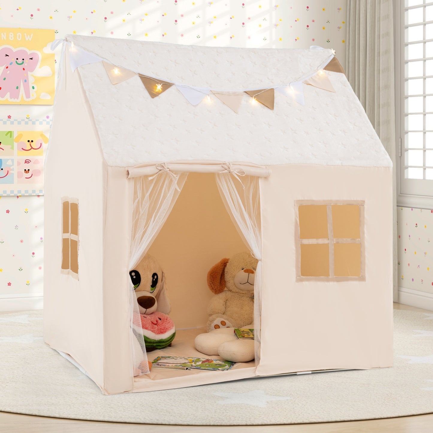 Kids Play Tent Large Playhouse with Glow in the Dark Stars and Mat, Beige Play Tents & Playhouse at Gallery Canada