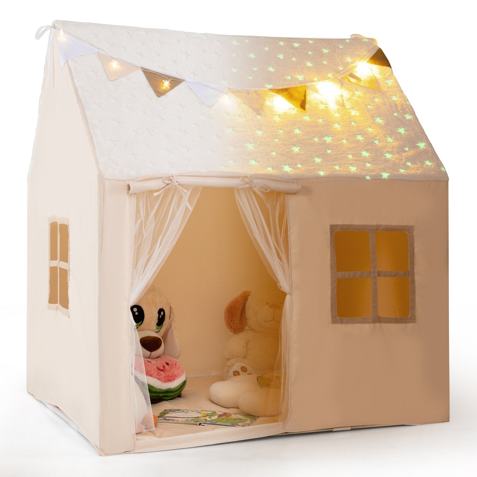 Kids Play Tent Large Playhouse with Glow in the Dark Stars and Mat, Beige Play Tents & Playhouse at Gallery Canada