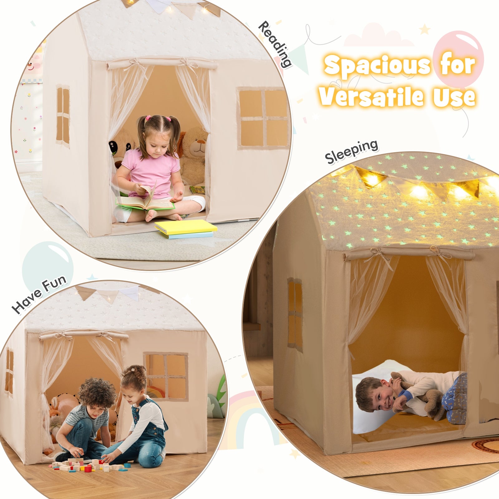 Kids Play Tent Large Playhouse with Glow in the Dark Stars and Mat, Beige Play Tents & Playhouse at Gallery Canada