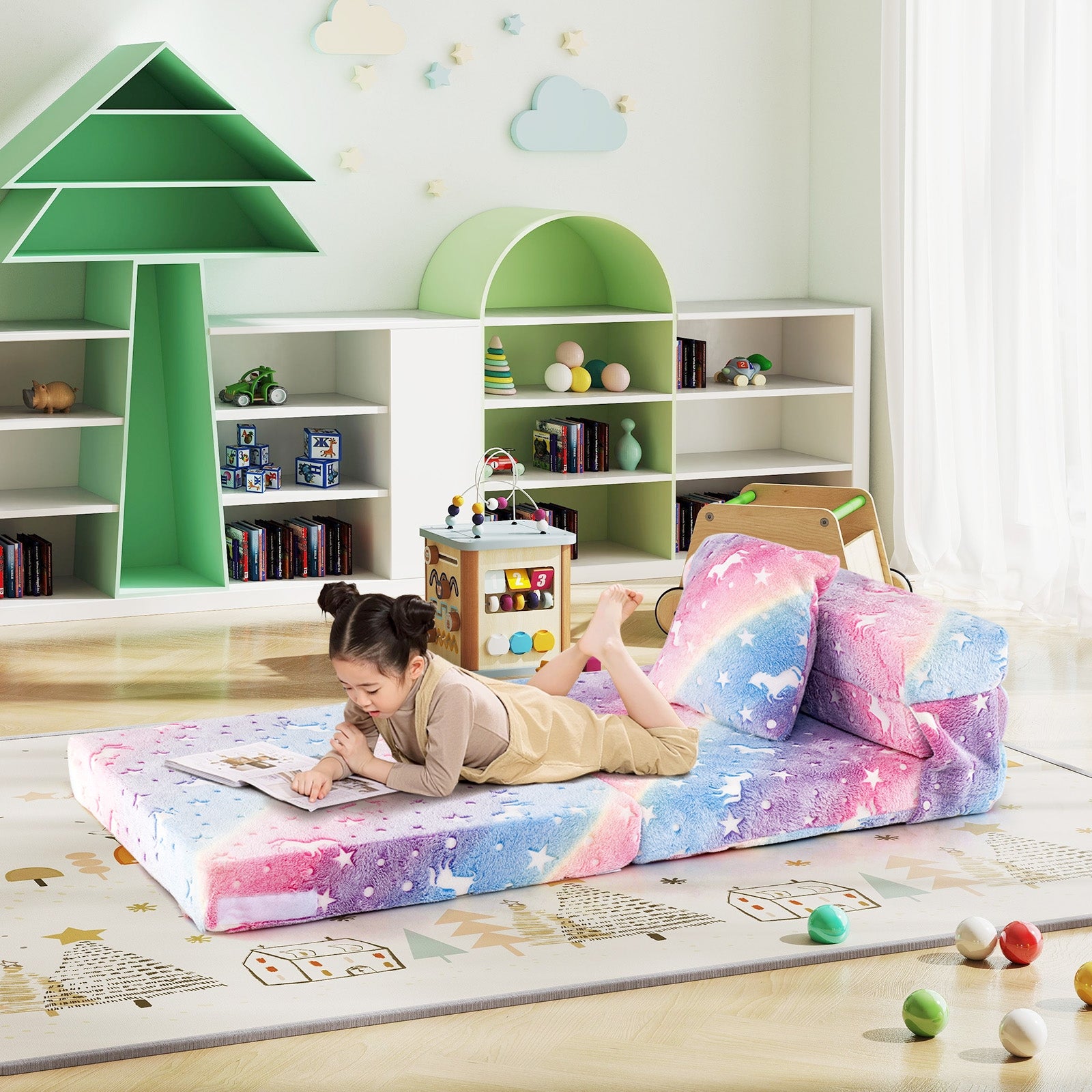 Kids Folding Sofa Bed Floor Mattress Glow in the Dark with Pillow, Multicolor Kids Chairs & Seating at Gallery Canada