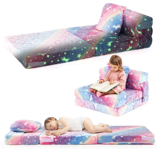 Kids Folding Sofa Bed Floor Mattress, Glow In The Dark With Pillow, Multicolor