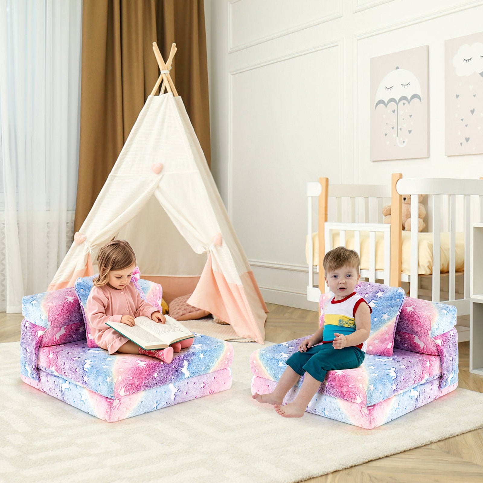 Kids Folding Sofa Bed Floor Mattress Glow in the Dark with Pillow, Multicolor Kids Chairs & Seating at Gallery Canada