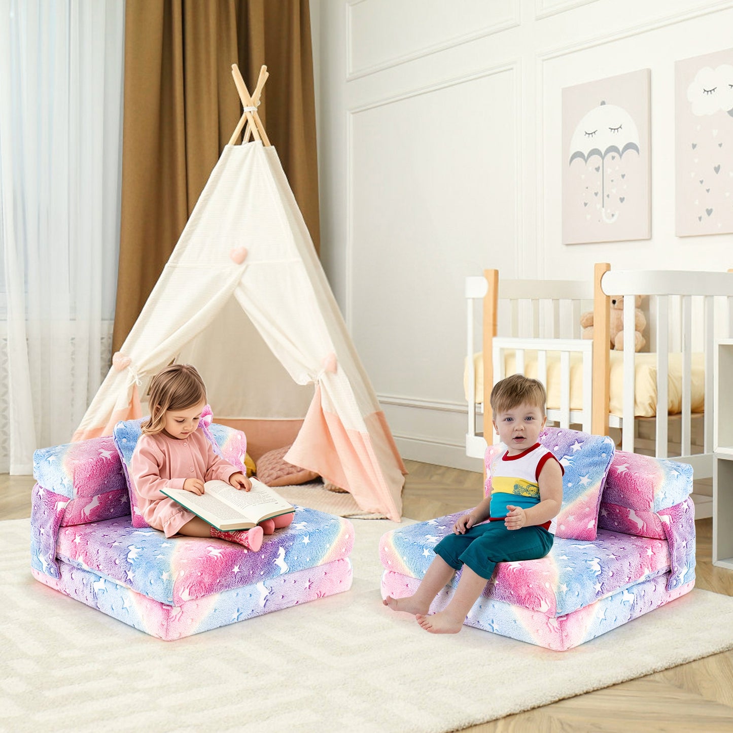 Kids Folding Sofa Bed Floor Mattress Glow in the Dark with Pillow, Multicolor Kids Chairs & Seating at Gallery Canada