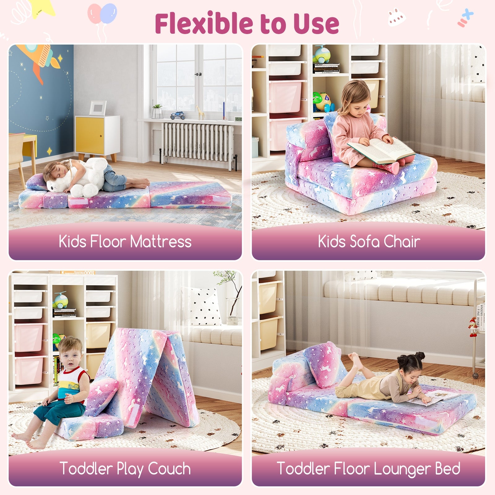 Kids Folding Sofa Bed Floor Mattress Glow in the Dark with Pillow, Multicolor Kids Chairs & Seating at Gallery Canada