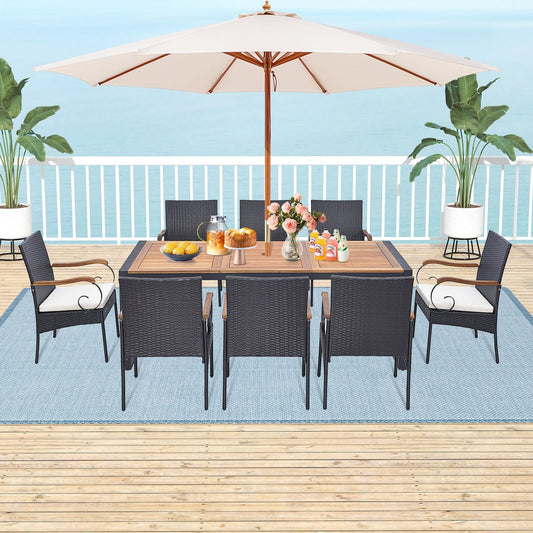 9 Pieces  Patio Rattan Dining Set with Acacia Wood Table for Backyard  Garden-Curved Handrail - Gallery Canada
