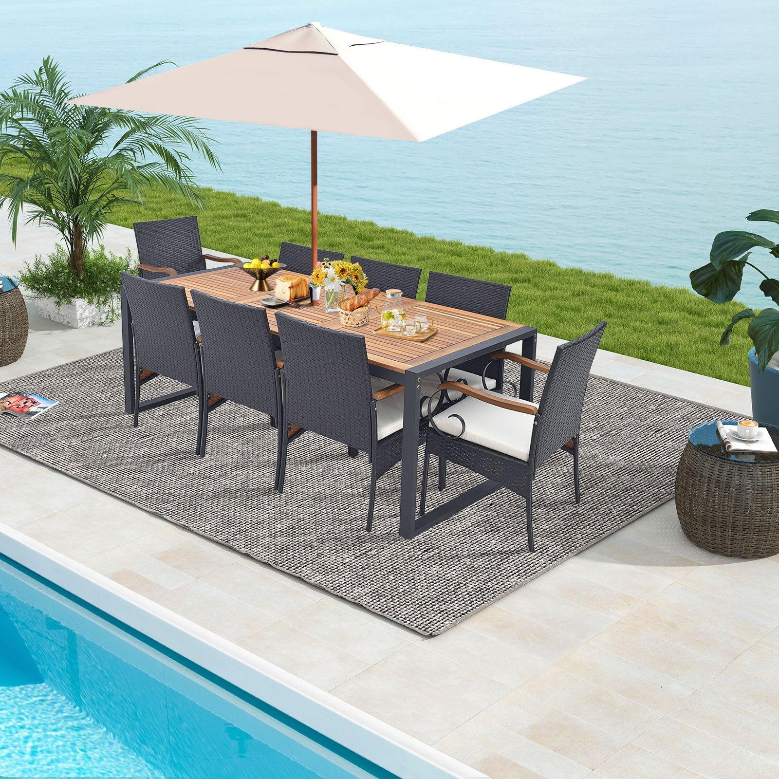 9 Pieces Patio Rattan Dining Set with Acacia Wood Table for Backyard Garden-Curved Handrail, Brown Patio Furniture Sets at Gallery Canada