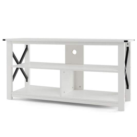 3 Tier Wood TV Stand for 55-Inch with Open Shelves and X-Shaped Frame, White - Gallery Canada