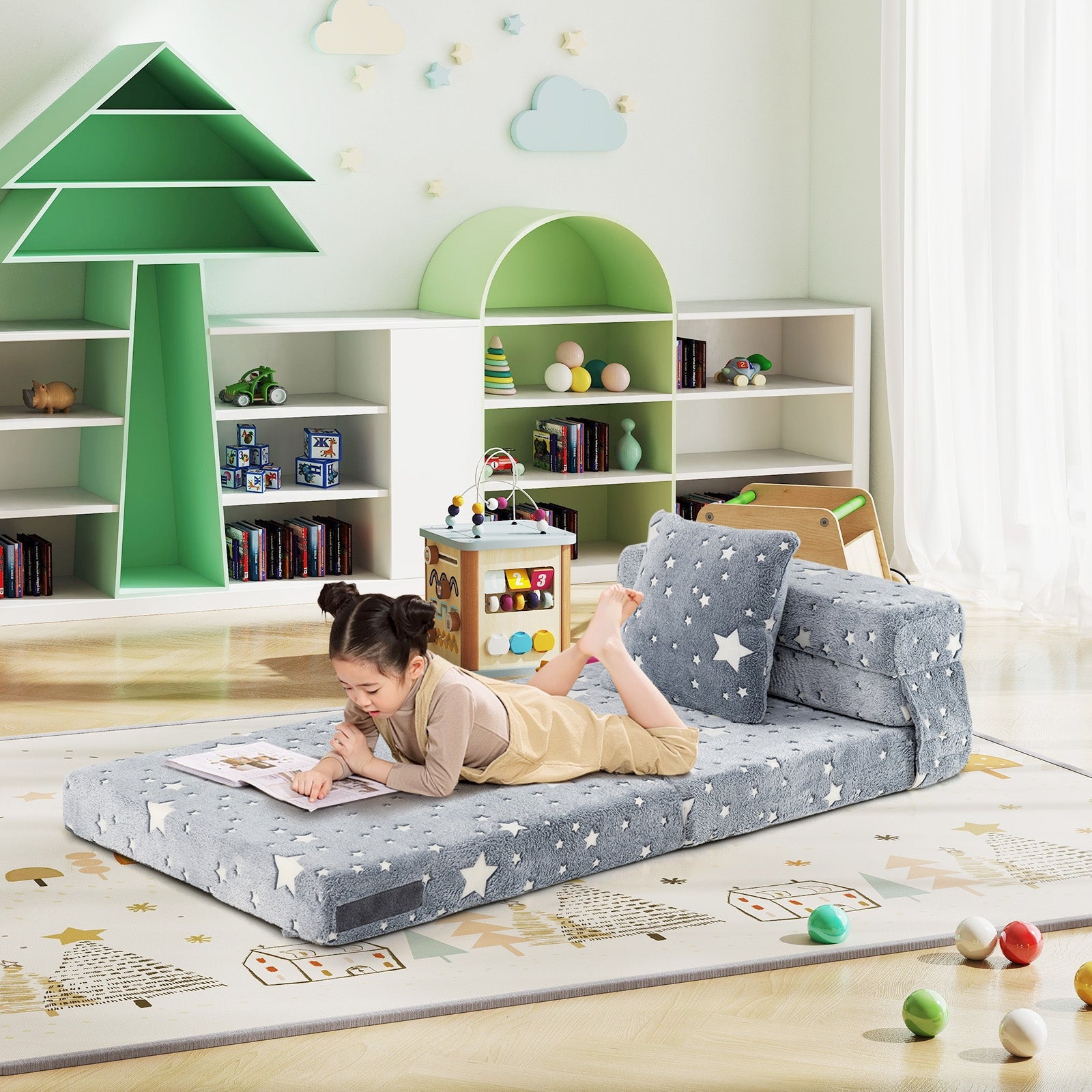 Kids Folding Sofa Bed Floor Mattress Glow in the Dark with Pillow, Gray Kids Chairs & Seating at Gallery Canada