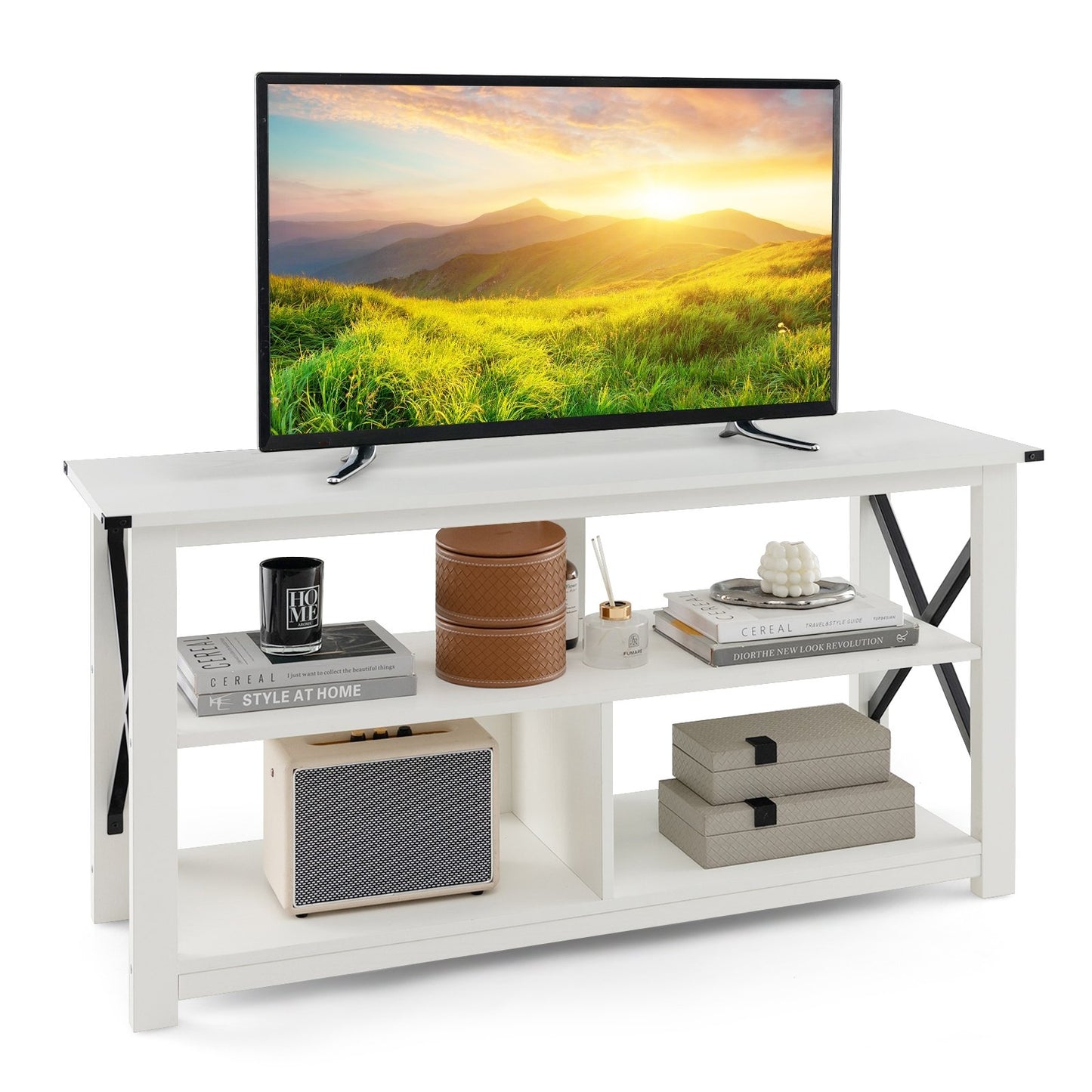 3 Tier Wood TV Stand for 55-Inch with Open Shelves and X-Shaped Frame, White